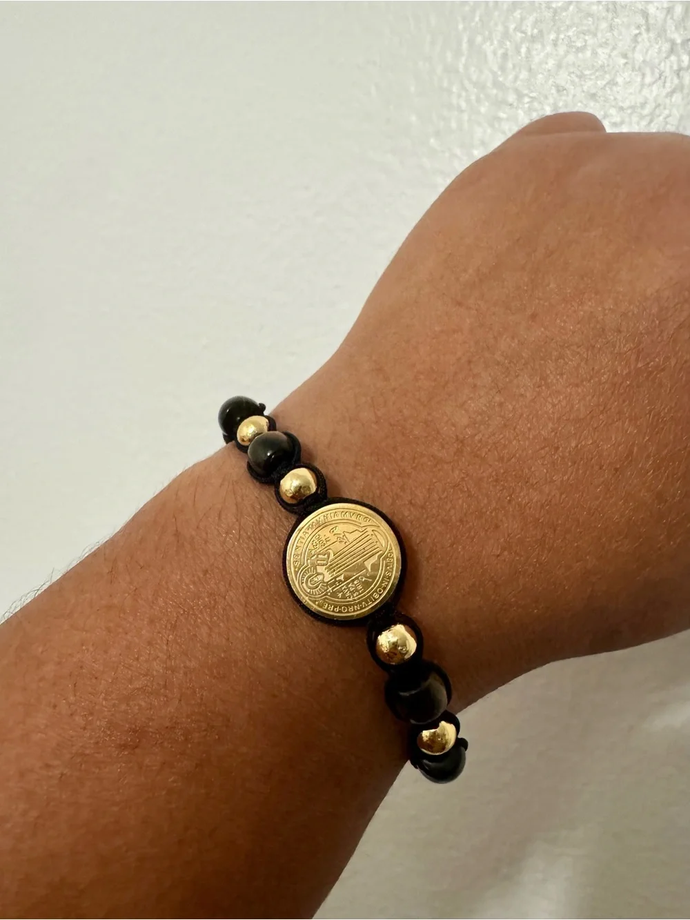 Tiger’s Eye, 14K gold-plated beads, and a Saint Benedict Stainless Steel Medal